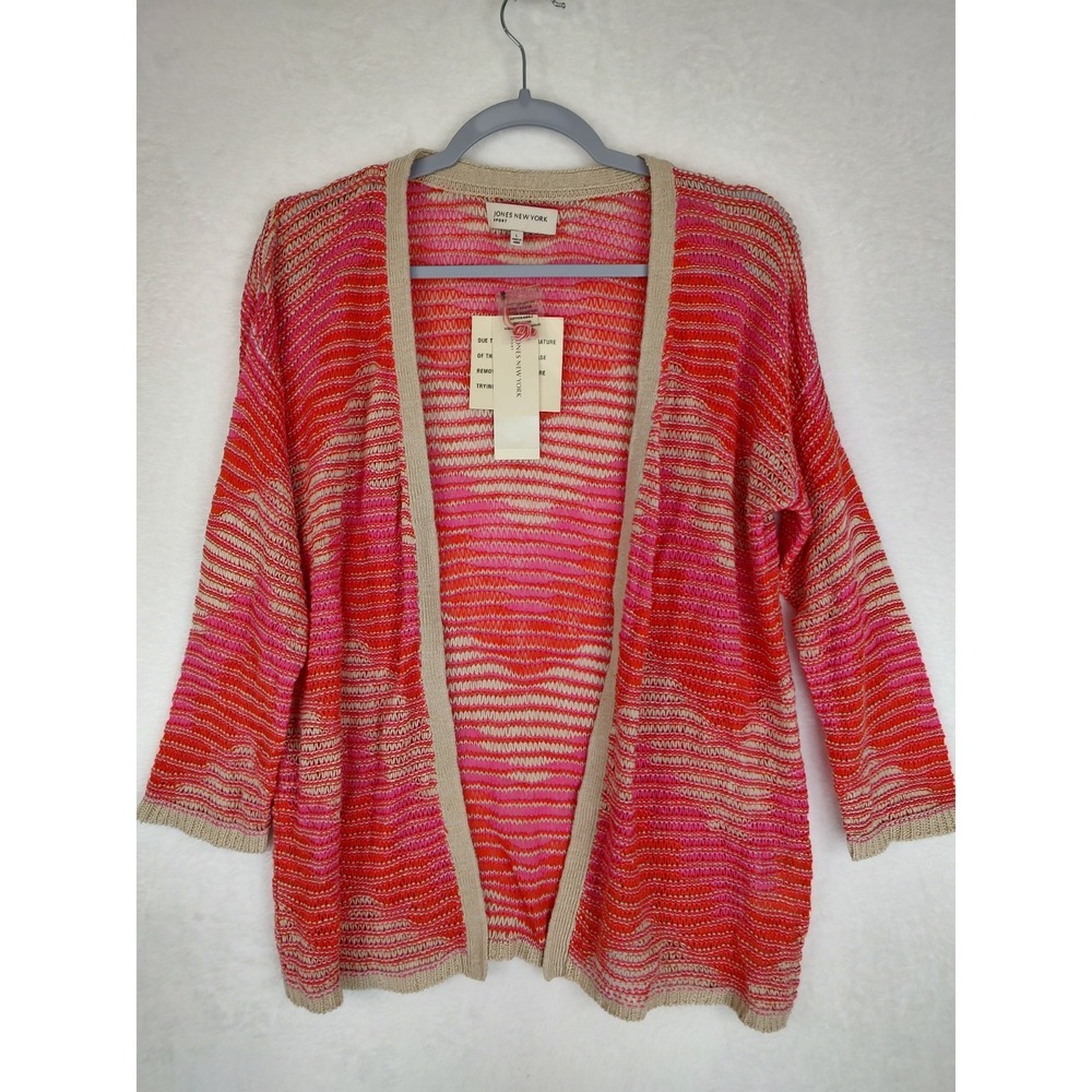 Jones New York Sport Women Large Pink Orange Linen Blend Open Front Cardigan NWT